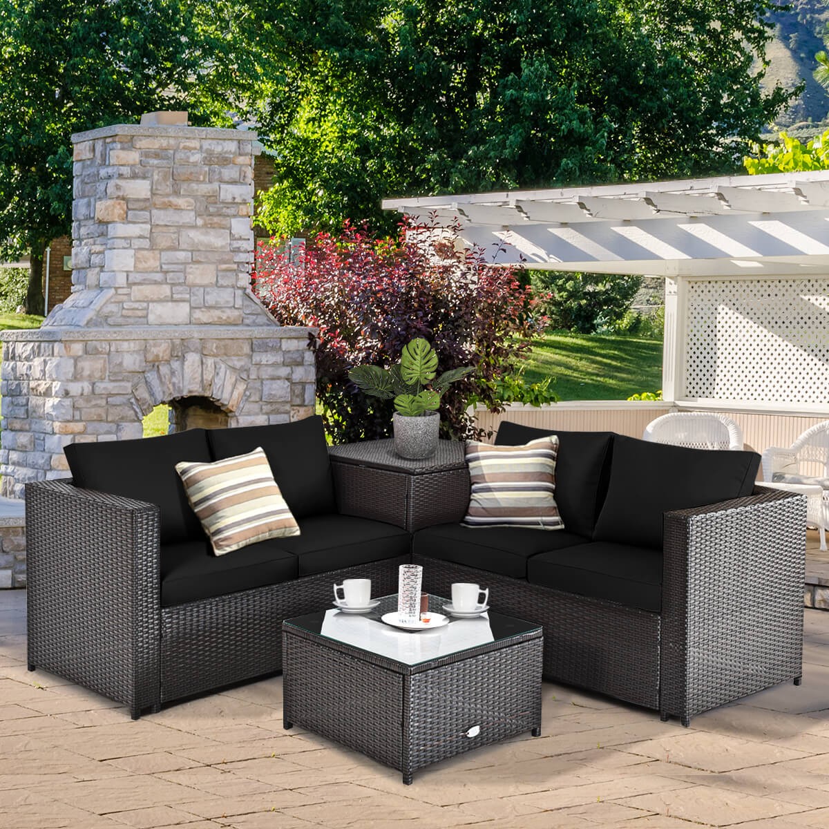 4PCS Outdoor Patio Rattan Furniture Set Cushioned Loveseat Storage Table Navy