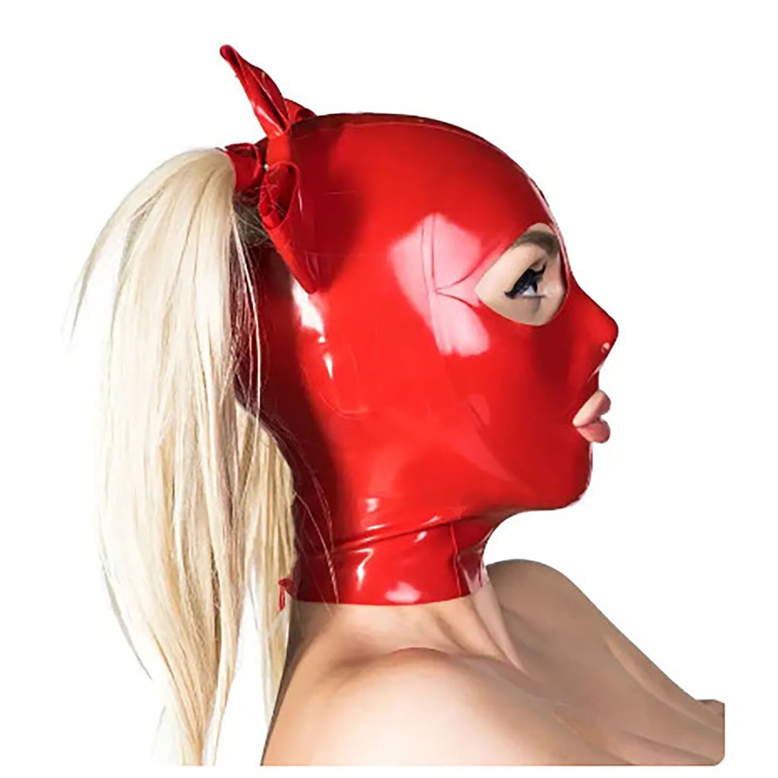 Adult Unisex Face Mask Double Ponytails Wig Latex Hood With Bow Headcover Gift