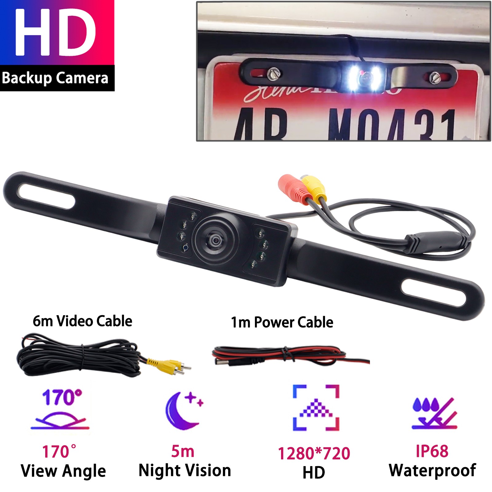Waterproof 170°  License Frame Backup Plate Camera Parking Reverse Night Vision