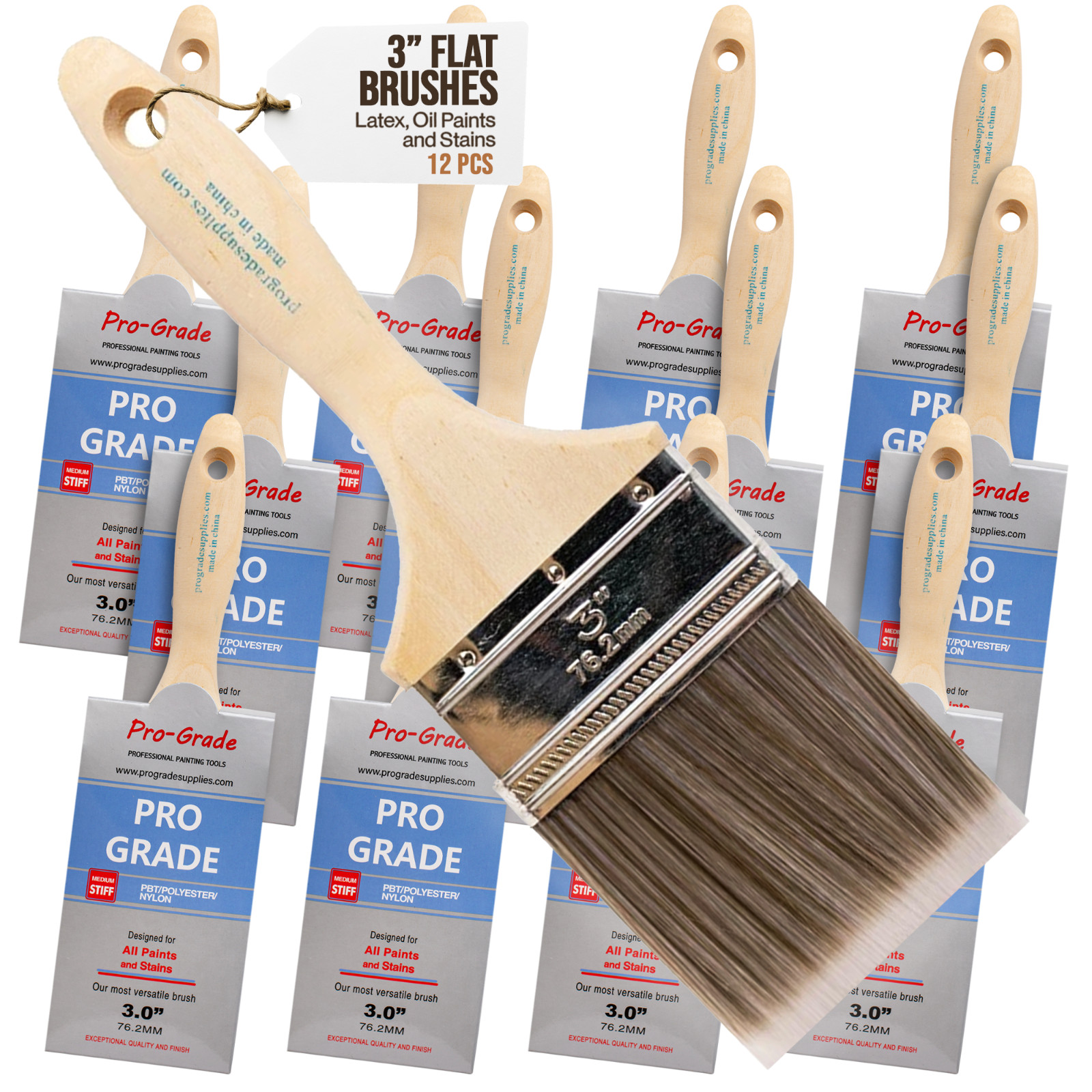 12PK 3" Flat House Wall,Trim Paint Brush Set Home Exterior or Interior Brushes