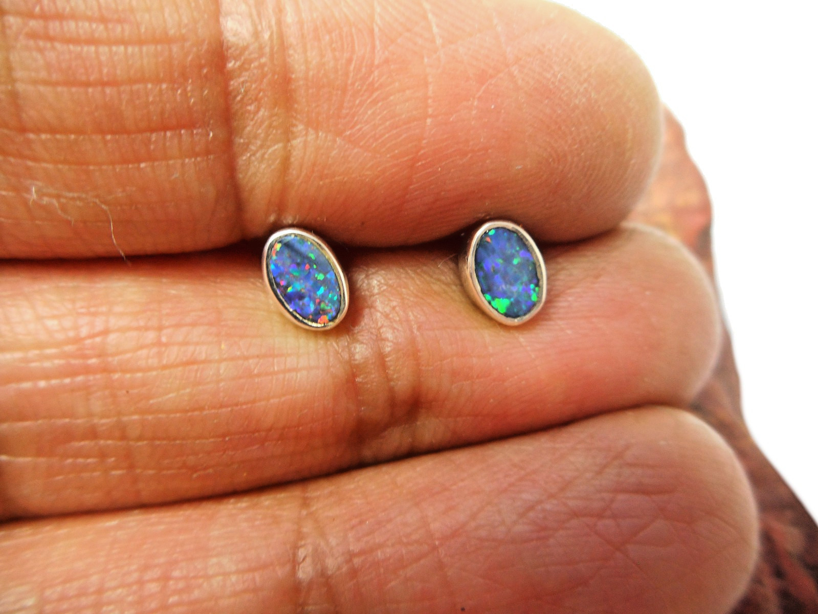 Natural Small Australian Opal Stud Earrings  - Sterling Silver Gemstone