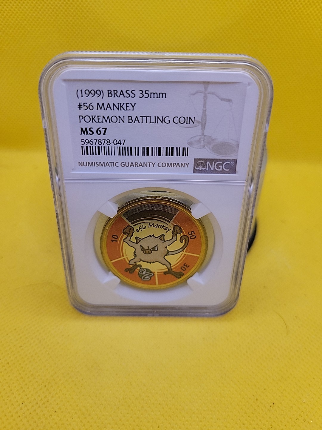 1999 Pokémon Mankey #56 Brass 35mm Battling Coin NGC MS67 HIGH GRADE