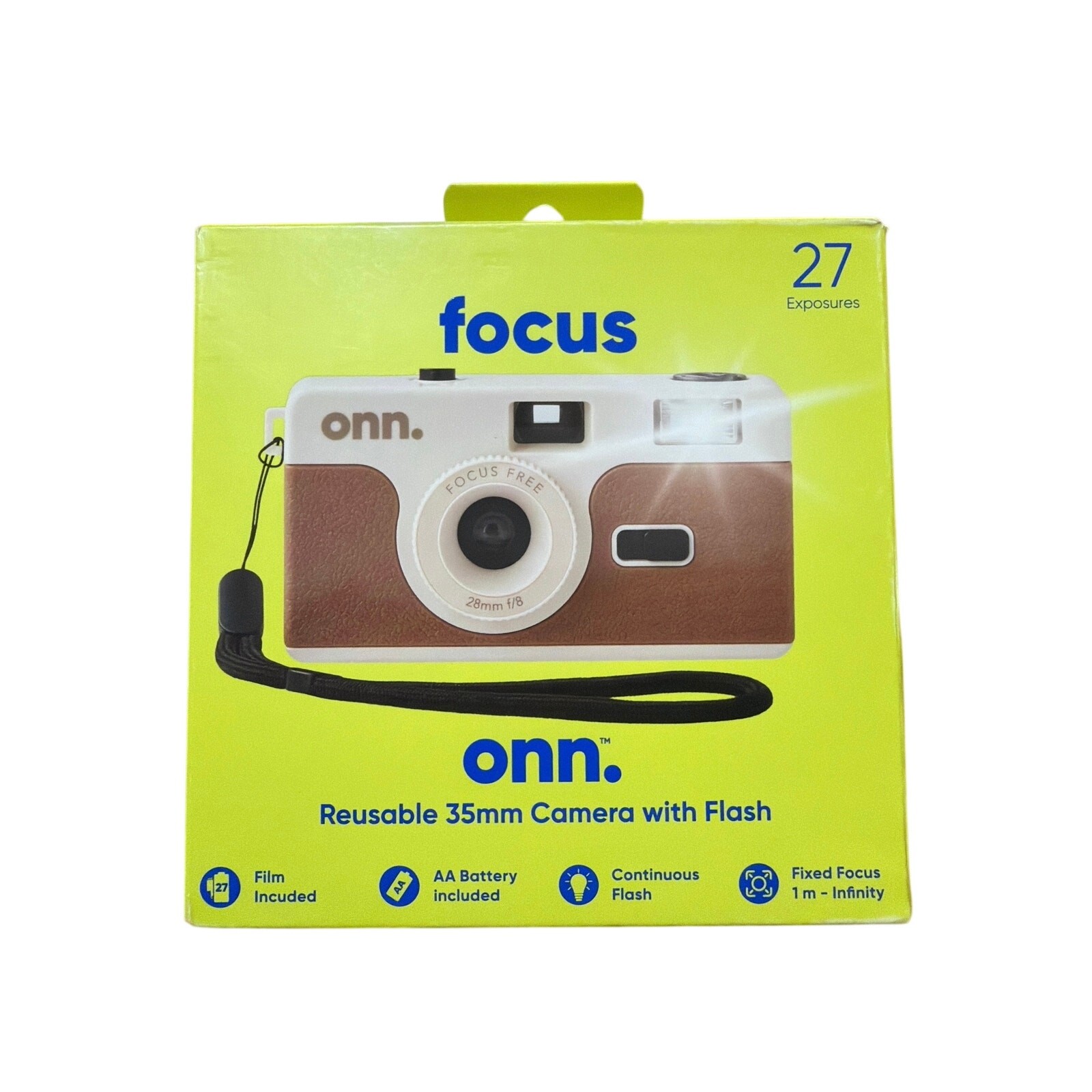 onn. Focus Reusable 35mm Camera with Flash + Film + Battery Included - Brown
