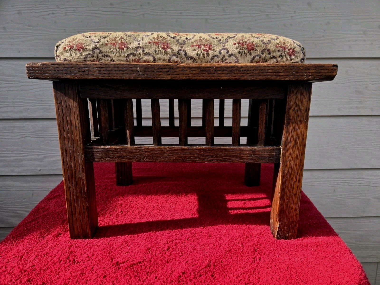 Vintage Solid Wood Foot Stool Bench Upholstered Seat Mission Style 15” Sturdy
