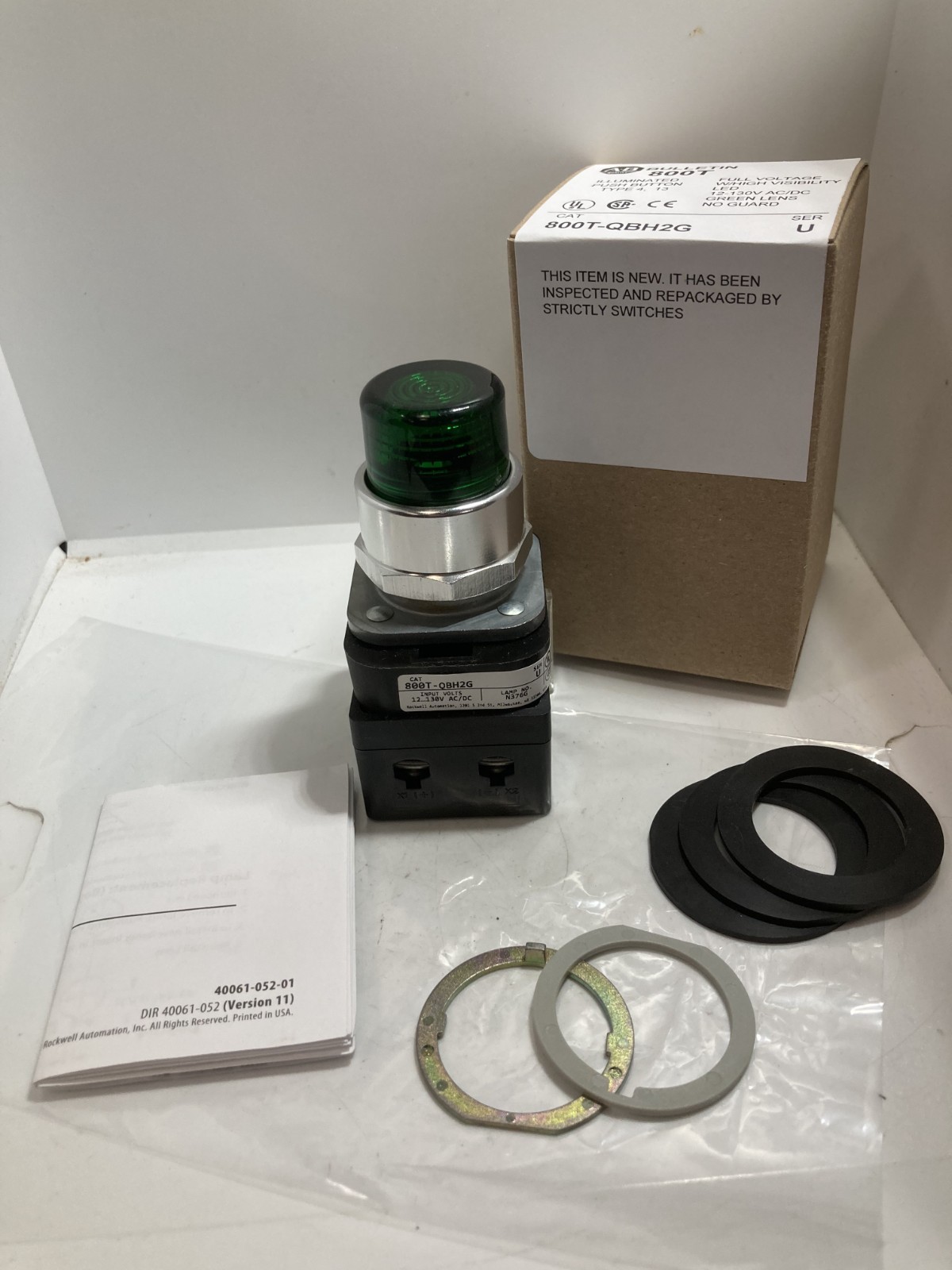 ALLEN BRADLEY 800T-QBH2G PUSHBUTTON GREEN LED MOM 1NO/1NC 12-130VAC/DC S U NIB