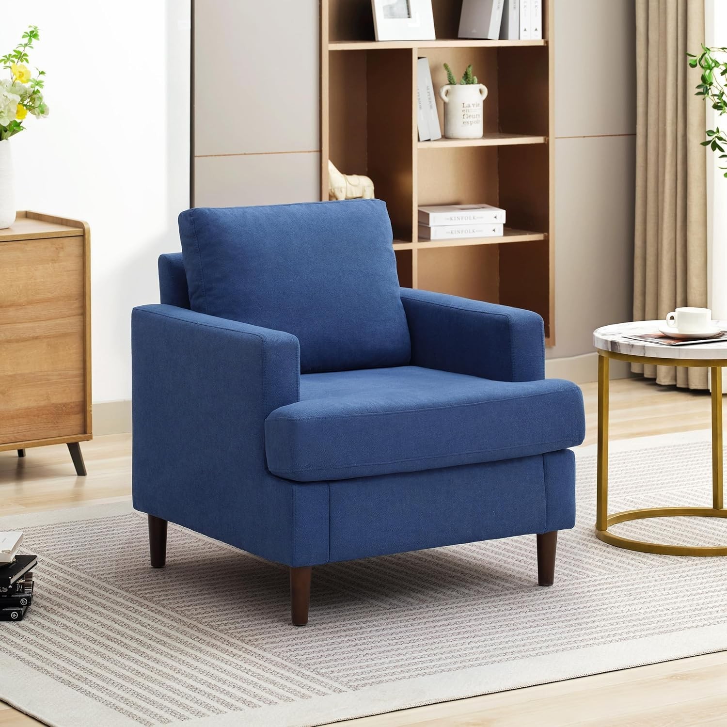 Mid-Century Accent Chair Modern Linen Fabric Armchair for Living Room Comfy