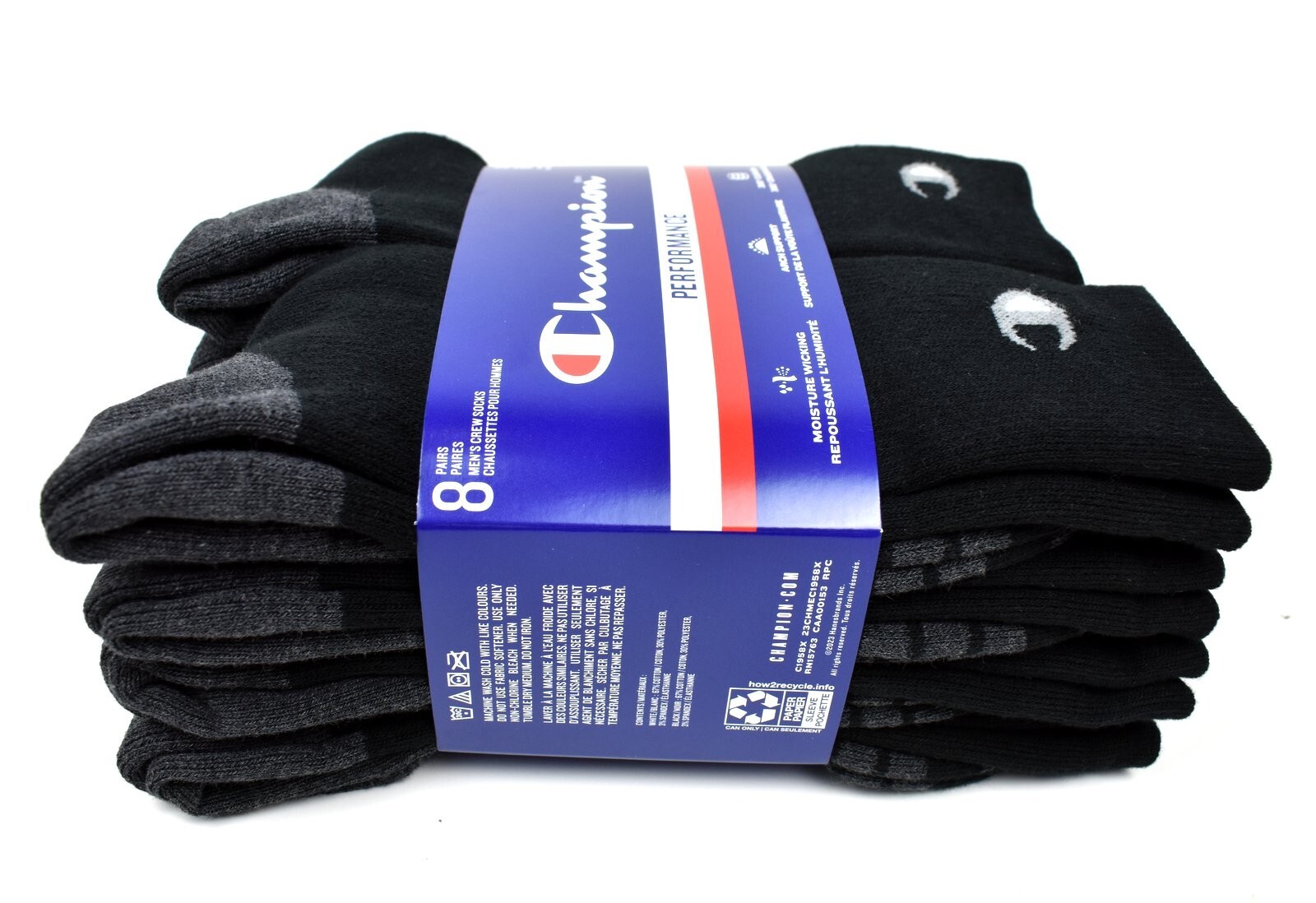 Champion Men's Crew Socks 8 Pairs for Shoe Size 6-12