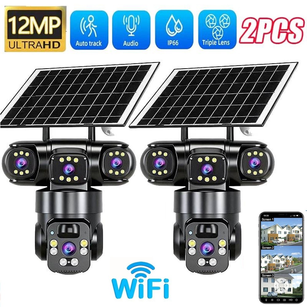 2x 3 Lens 12MP Solar Battery Home Security Camera Outdoor Wifi Wireless PTZ CCTV