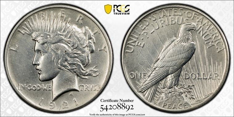 1921 $1 High Relief Peace Dollar PCGS Cleaned - AU Details- Gold Shield Protect