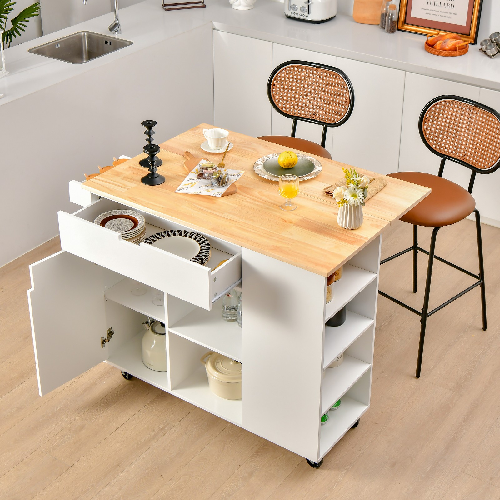 Drop-Leaf Kitchen Island Rolling Serving Cart w/ Rubber Wood Top White