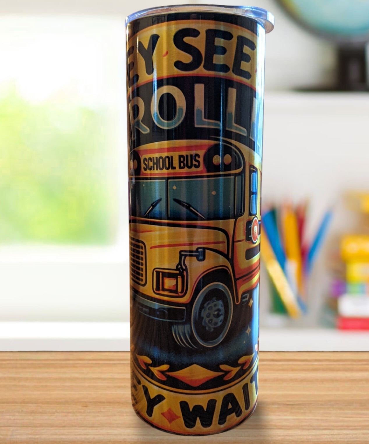 Yellow and Gold School Bus Tumbler Hand Made