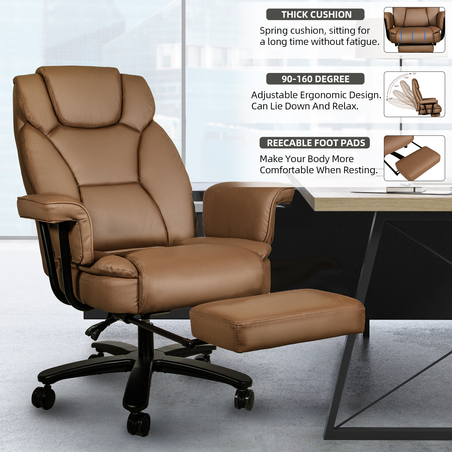 Executive Office Chair Big&Tall Leather Reclining Computer Desk Chair Footrest