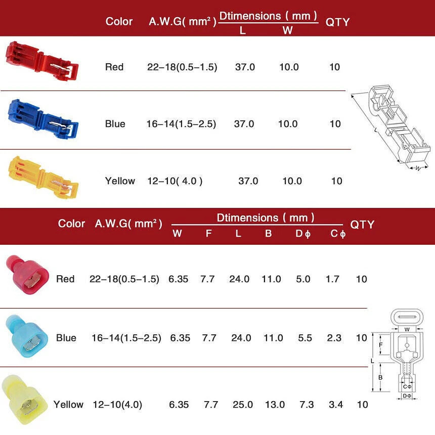 60pcs T-Taps Wire Connectors Quick Splice Terminals Insulated Crimp Cable