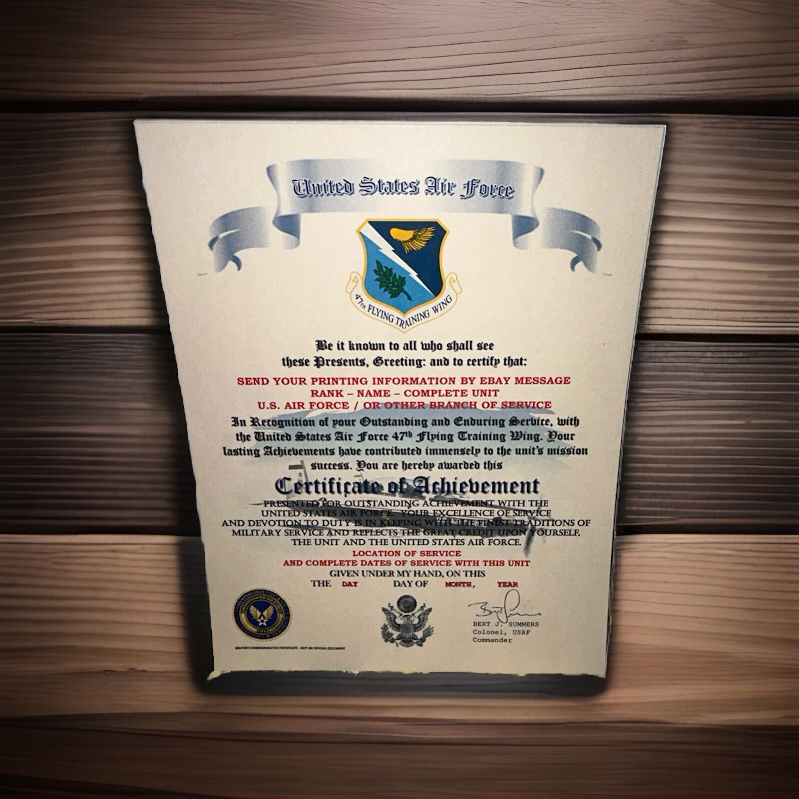 U.S.A.F. / AIR FORCE 47TH FLYING TRAINING WING - CERTIFICATE OF ACHIEVEMENT