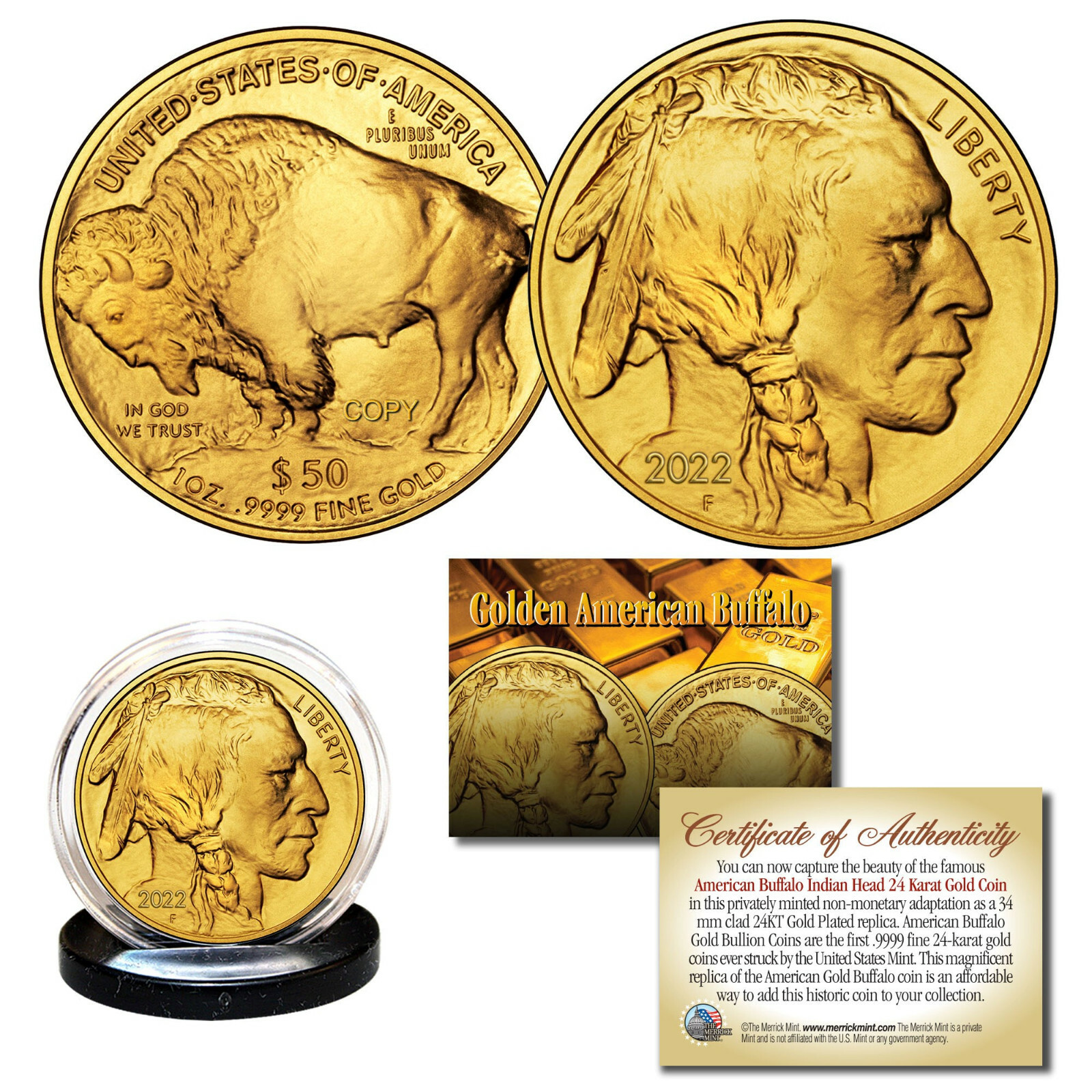 2022 24K Gold Plated $50 AMERICAN GOLD BUFFALO Indian Head TRIBUTE Coin *NEW*