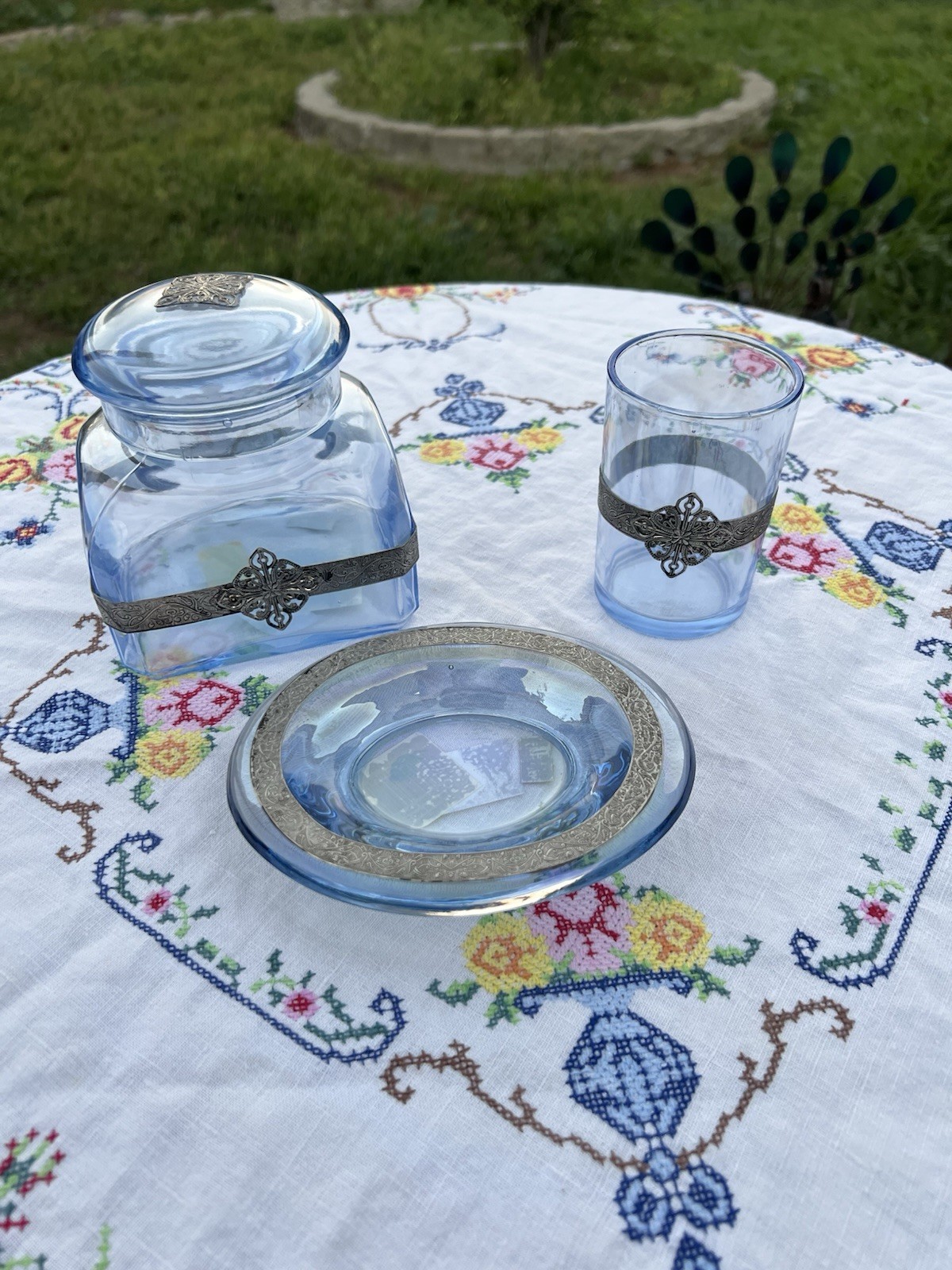 Croscill Versailles Blue Glass Vanity Set – 3 Piece w/ Silver Overlay-HTF RARE