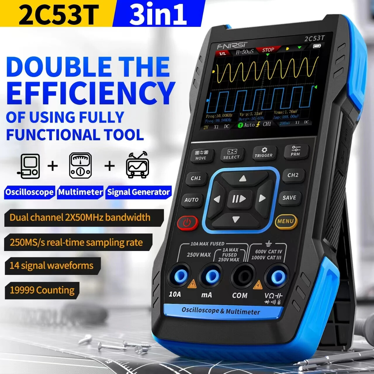 FNIRSI 2C53T Handheld Digital Oscilloscope Multimeter Signal Generator 2CH 50MHz
