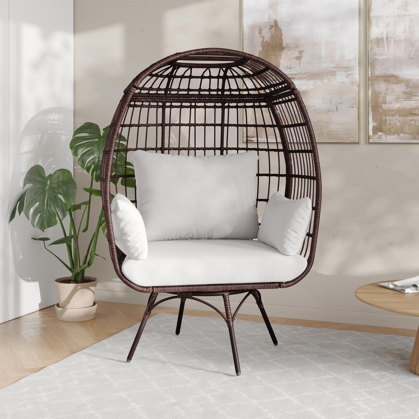 Commercial Indoor/Outdoor Wicker Swivel Lounge Chair with 4 Cushions in Brn/Crm