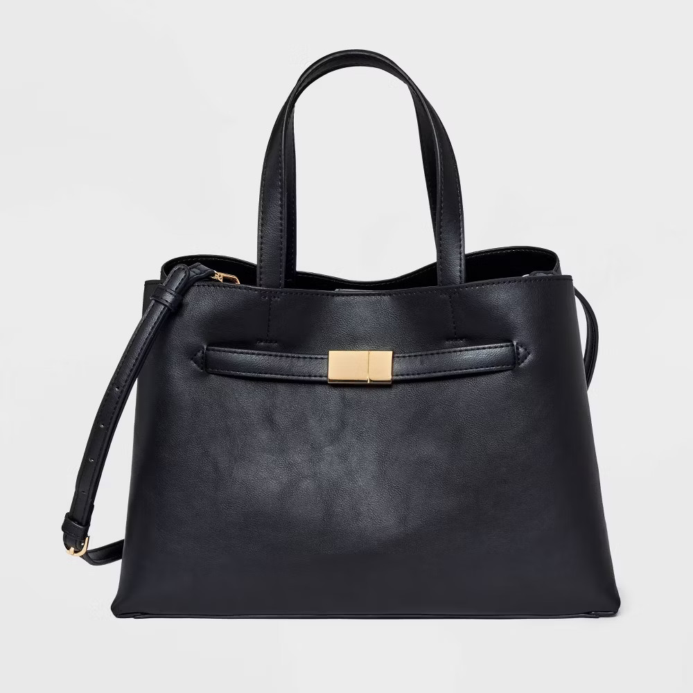 Belted Satchel Handbag - A New Day Black