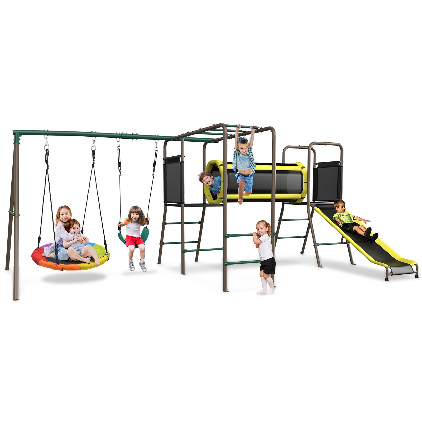 Metal Playground Swing Set Heavy Duty for Kids Backyard w/ 2 Swings,Slide,ladder