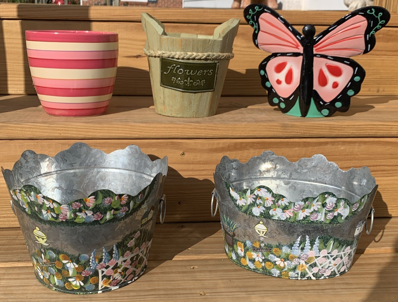 5 Flowerpot Planters Butterfly Painted Tin Pail Bucket Floral Lot Porch Patio
