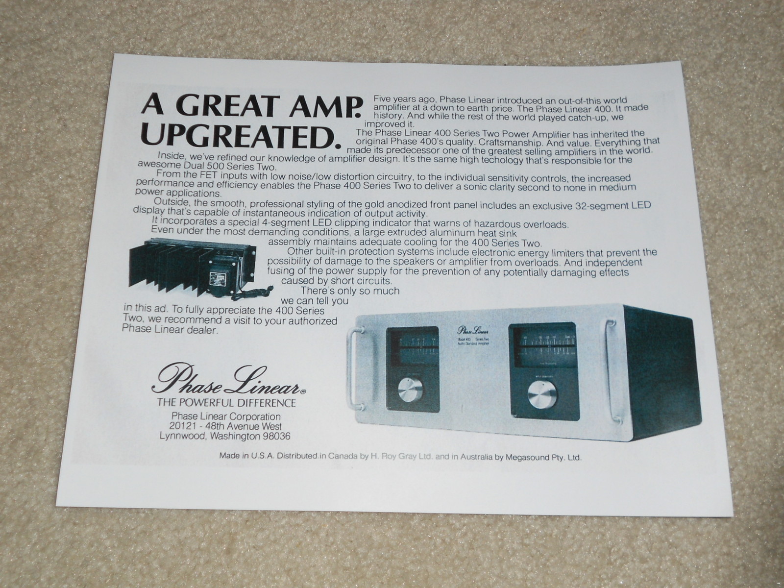 Phase Linear 400 Series Two II Amplifier Ad, 1 page, Specs, Article, 1979