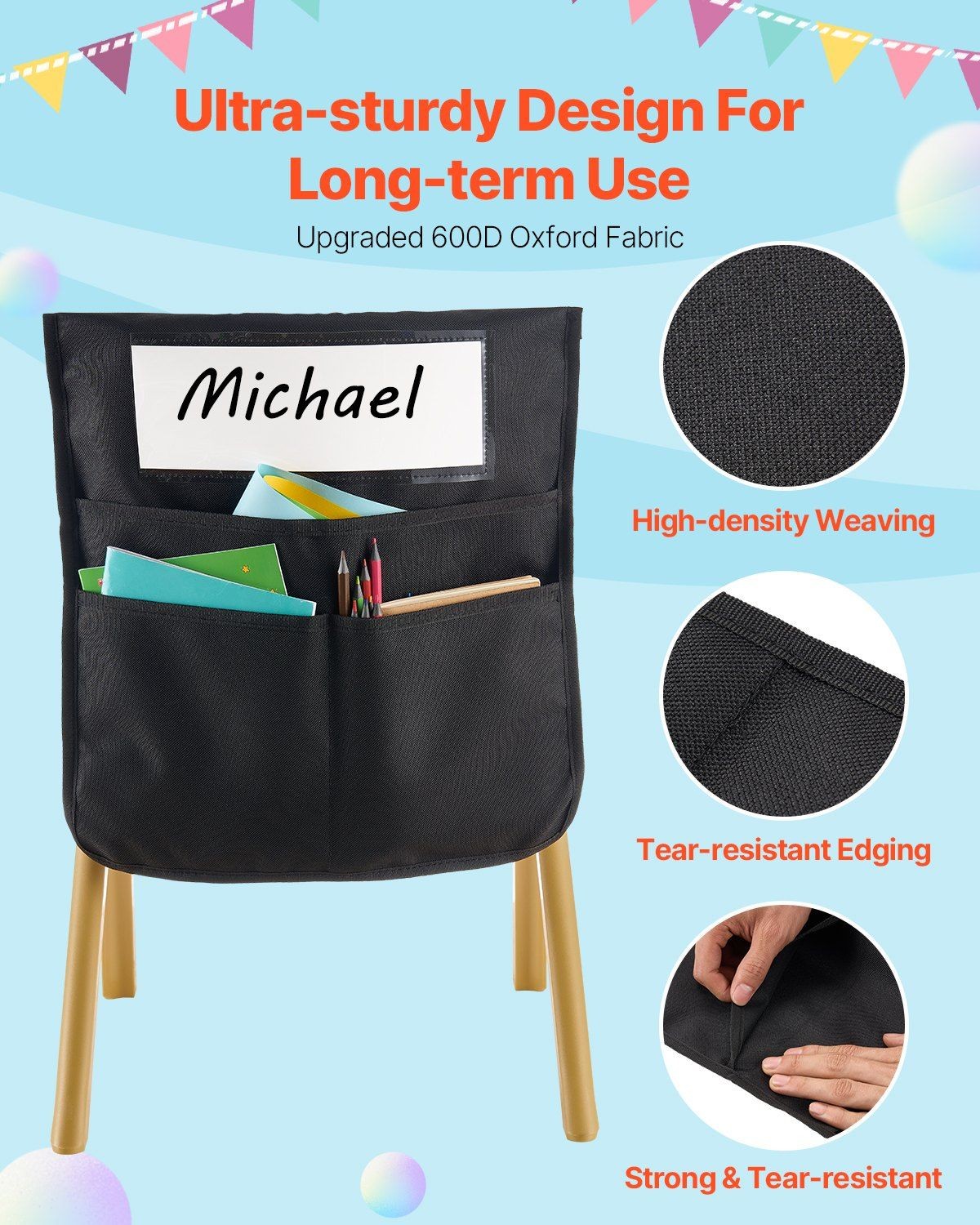 Back of Chair Pockets 12 Pack 17x19 in Black with Name Tag Washable