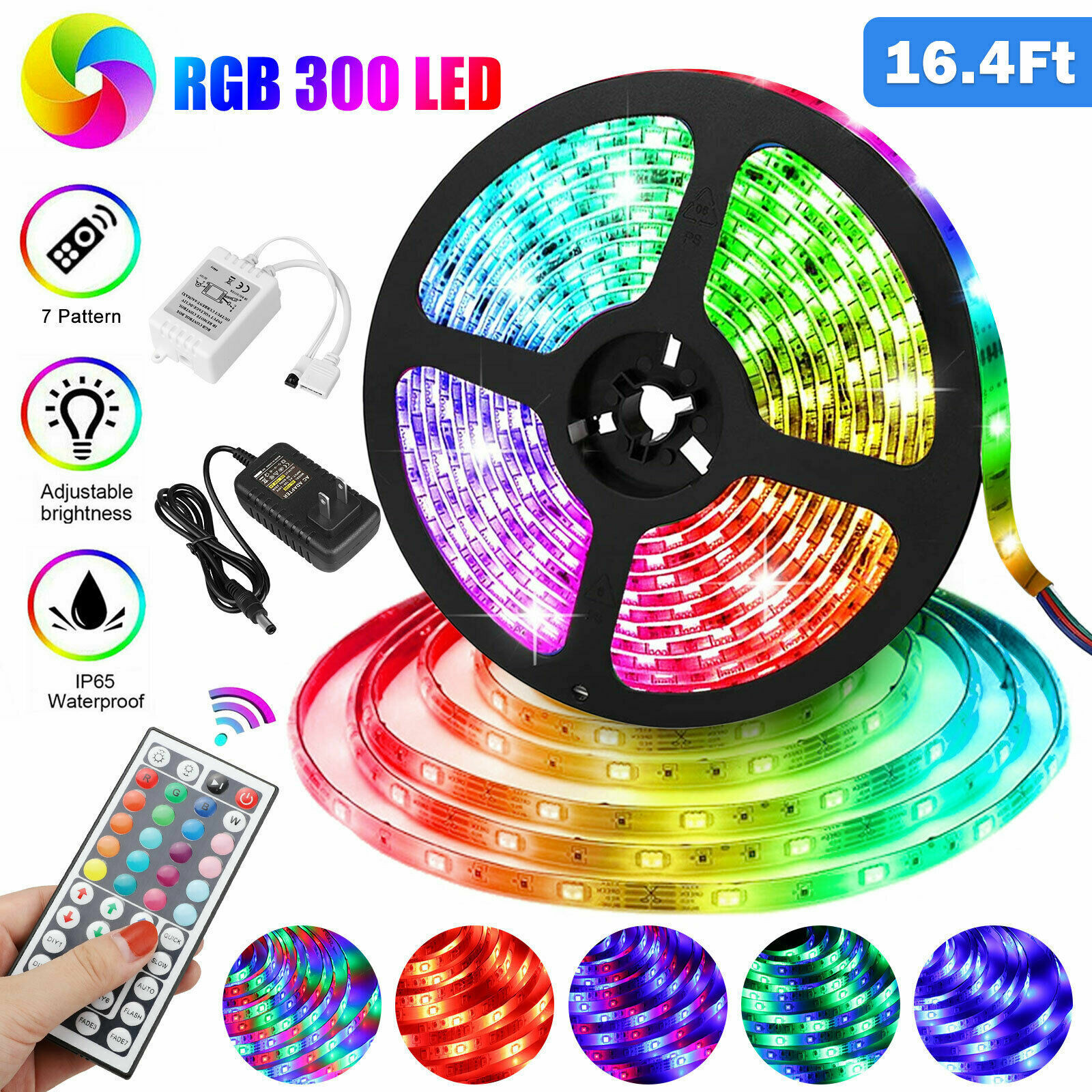 RGB 5M 16.4ft Waterproof 3528 SMD 300 LED Flexible Light Strip 12V+44 Key Remote
