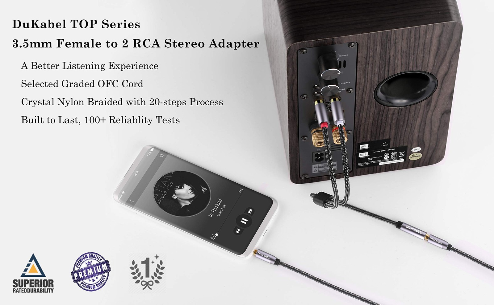 DUKABEL 3.5mm Female to 2 RCA Stereo Adapter, 12inch/30cm, Grey