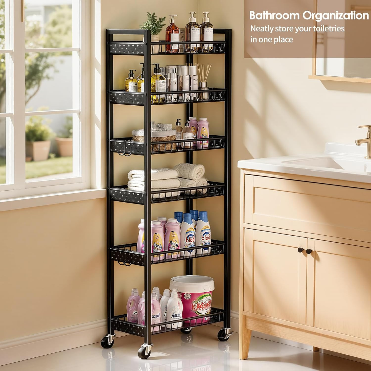 6 Tier Slim Storage Cart, Narrow Rolling Cart with Wheels, Narrow Mobile Utility