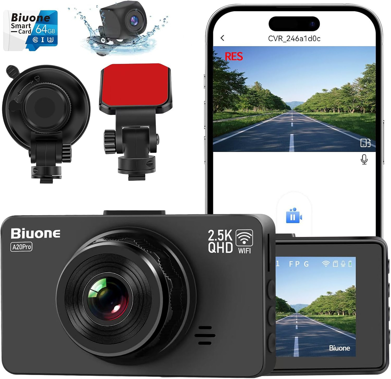 Dash Cam Front and Rear 2.5K 1080P WiFi App Control 64GB Loop Night Vision