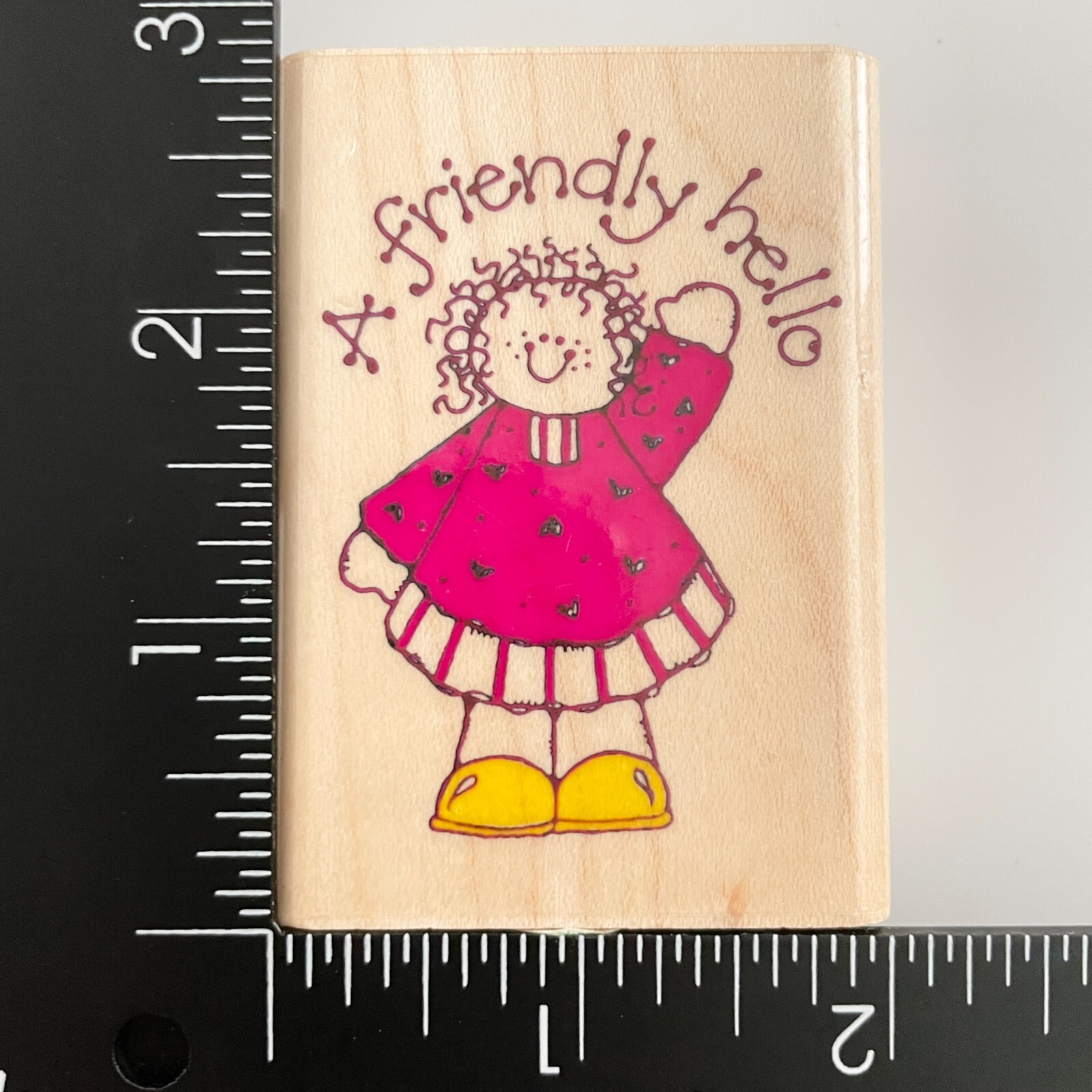 Impressive Stamps A Friendly Hello Girl Waving E2776 Wood Mounted Rubber Stamp