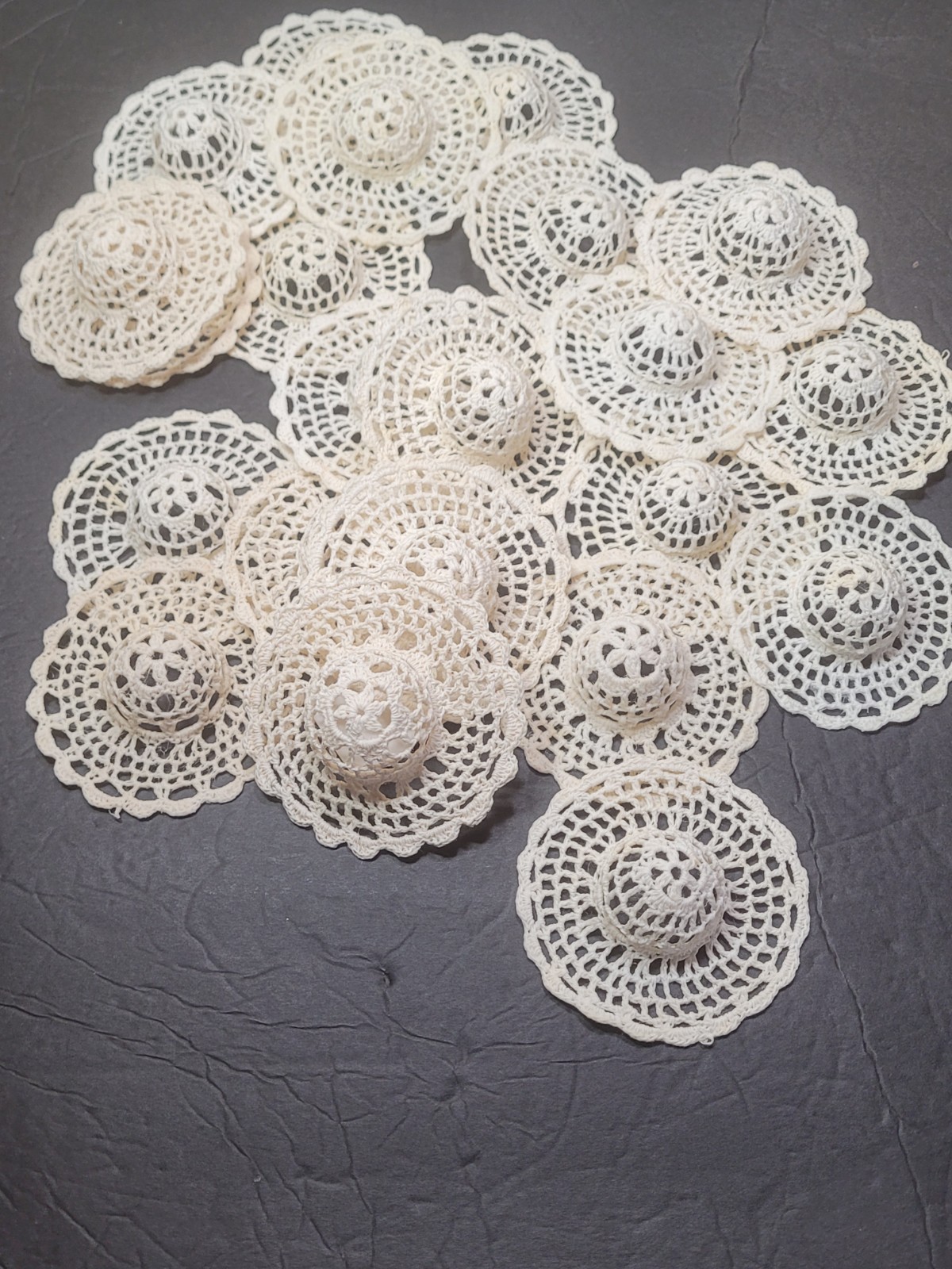 22 VTG Ecru Thread Hand Crocheted Starched Hats Fashion Doll Craft Ornaments