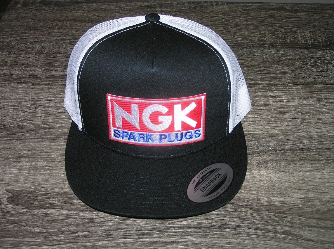 NGK Spark Plugs Patch on Trucker Hat Yupoong Classic 6006 Snapback Black/White
