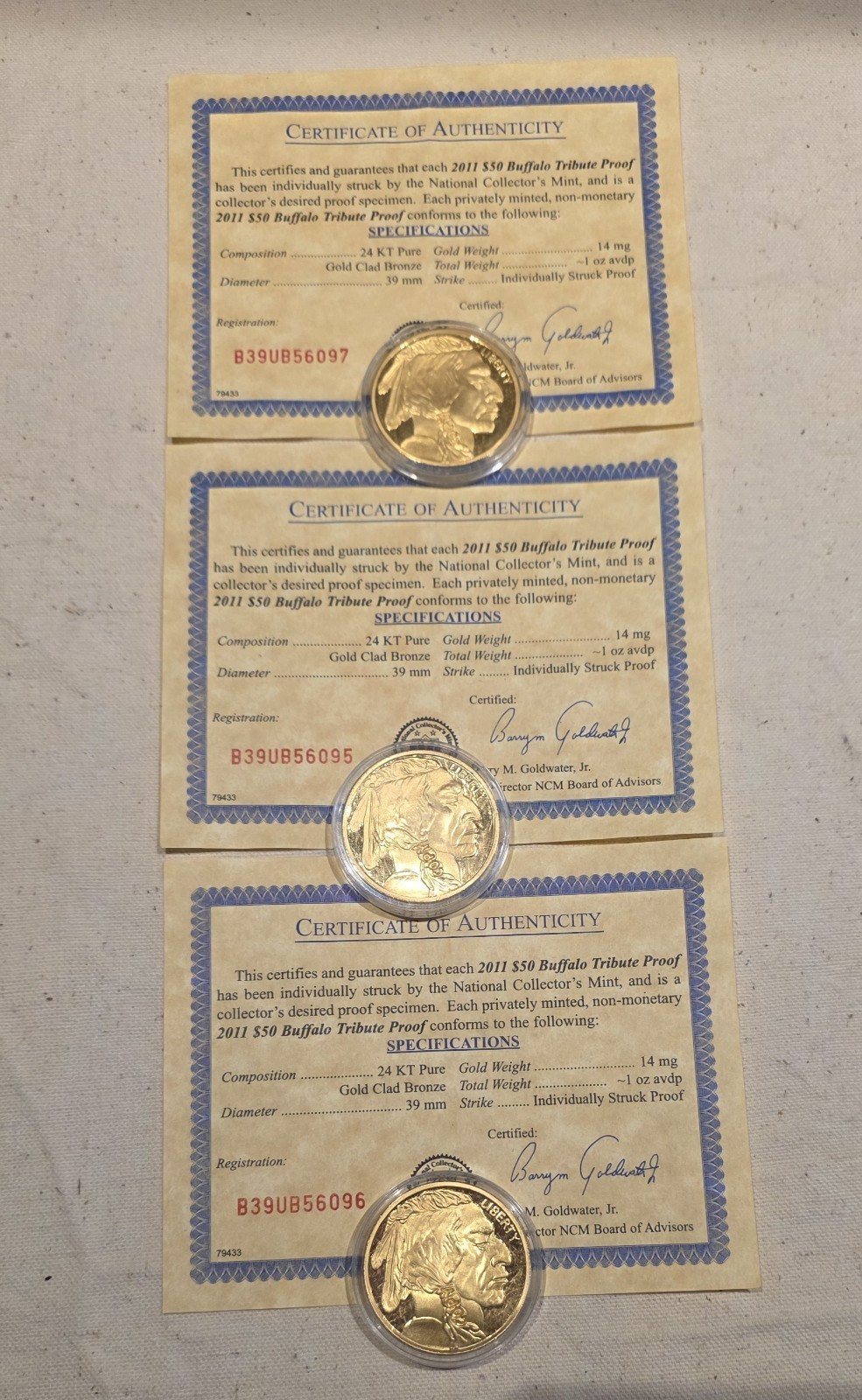 2011 $50.00 Buffalo Tribute Proof Coin W/COA Bronze Clad 24K Gold 1 OZ Set of 3