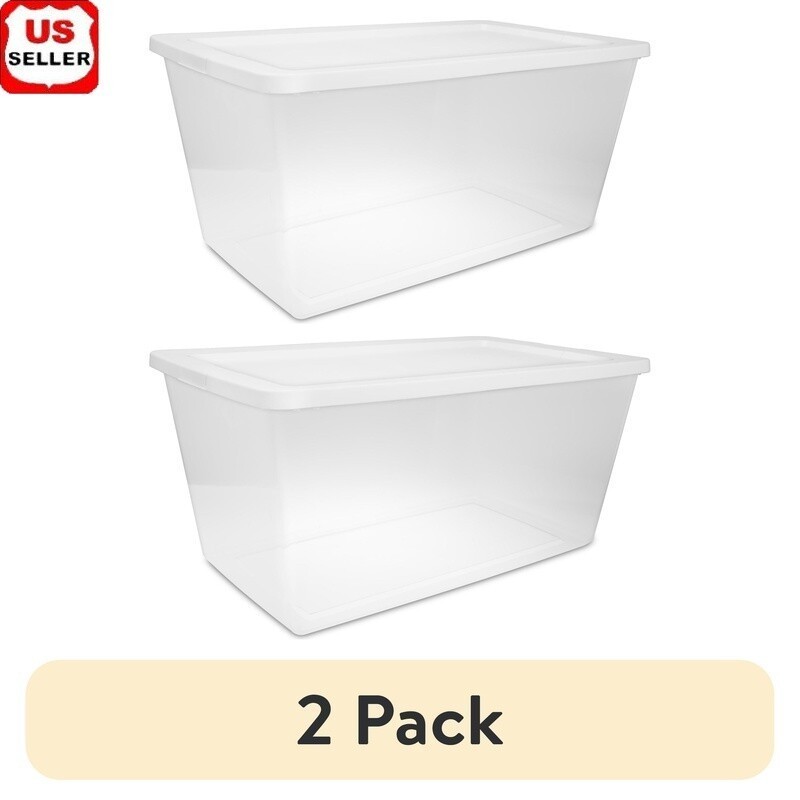 2 Pack 90 Quart Clear Plastic Storage Bin Snap On Lid Stackable Organizer New