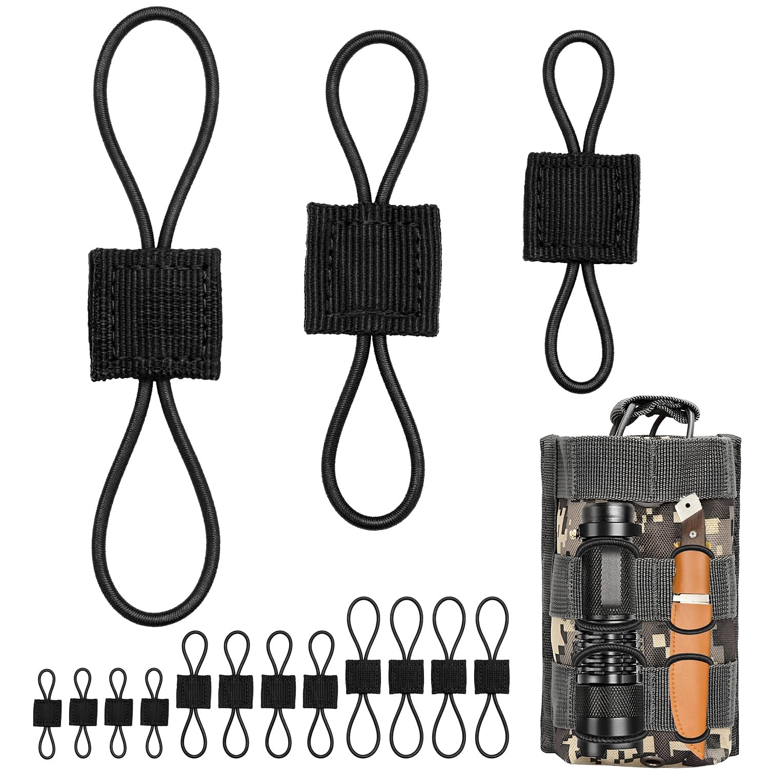 15PCS Tactical Bag Molle Attachment,3 Sizes Elastic Molle Webbing Binding Ribbon