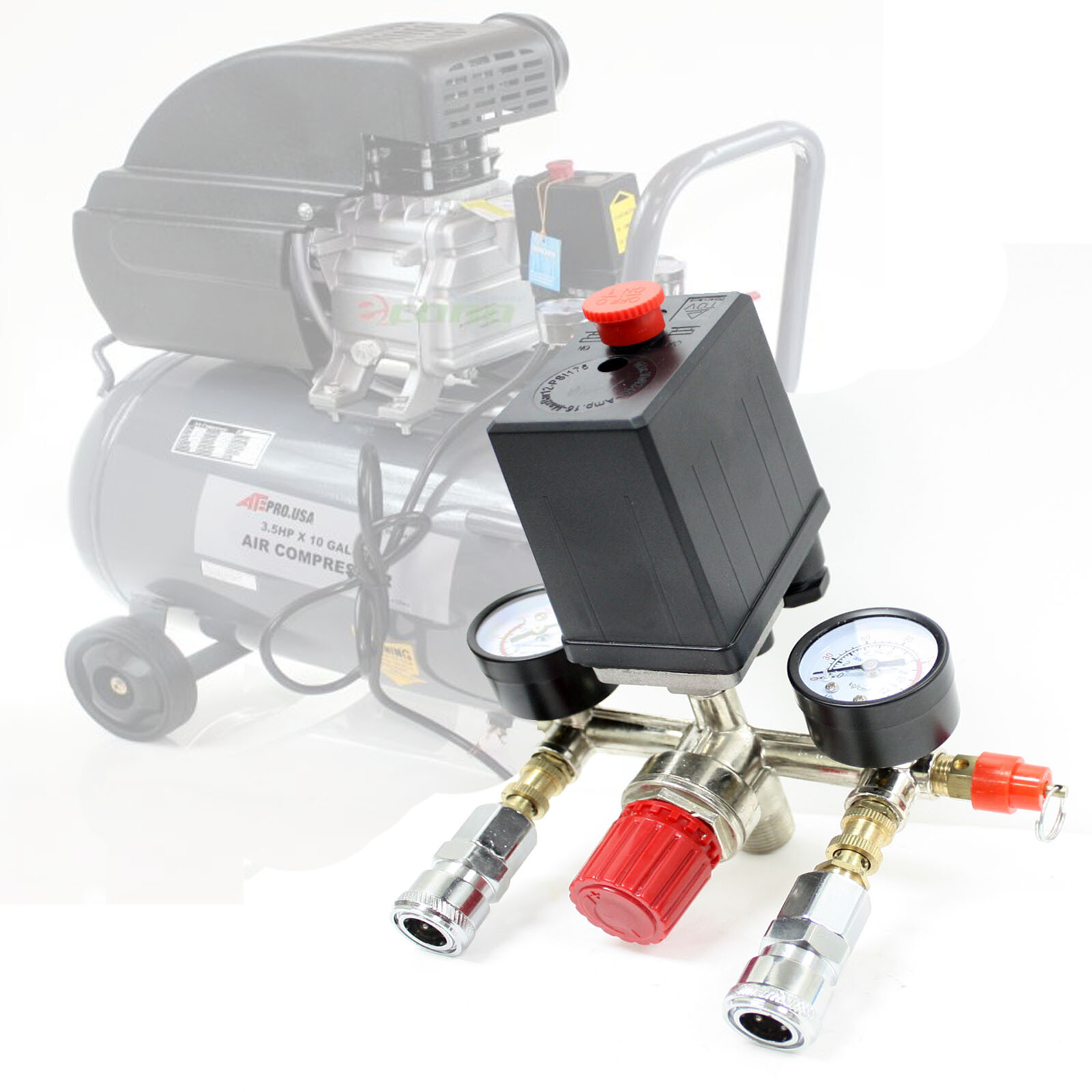 90-120PSI Air Compressor Pressure Switch Control Valve Manifold Regulator Gauges