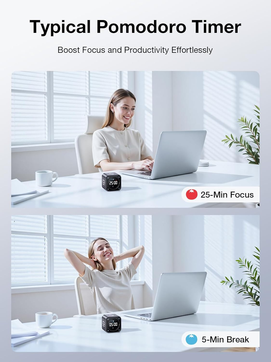 Ticktime TK3 Pomodoro Timer Cube, Productivity Timer, 5/10/30/60 Min Presets