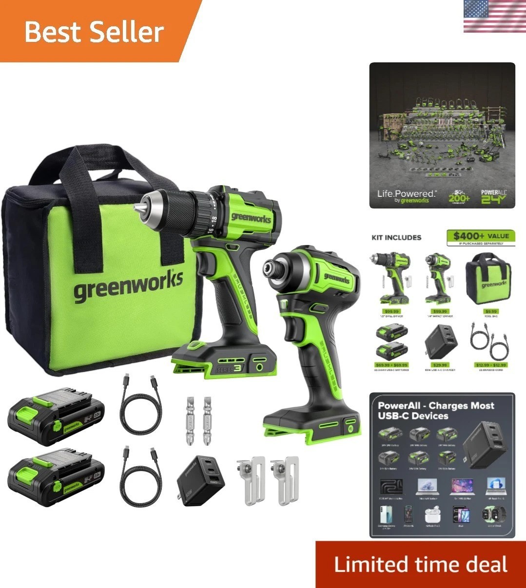 24V Cordless Drill/Driver & Impact Driver Combo - 400 in-lbs & 1950 in-lbs Power