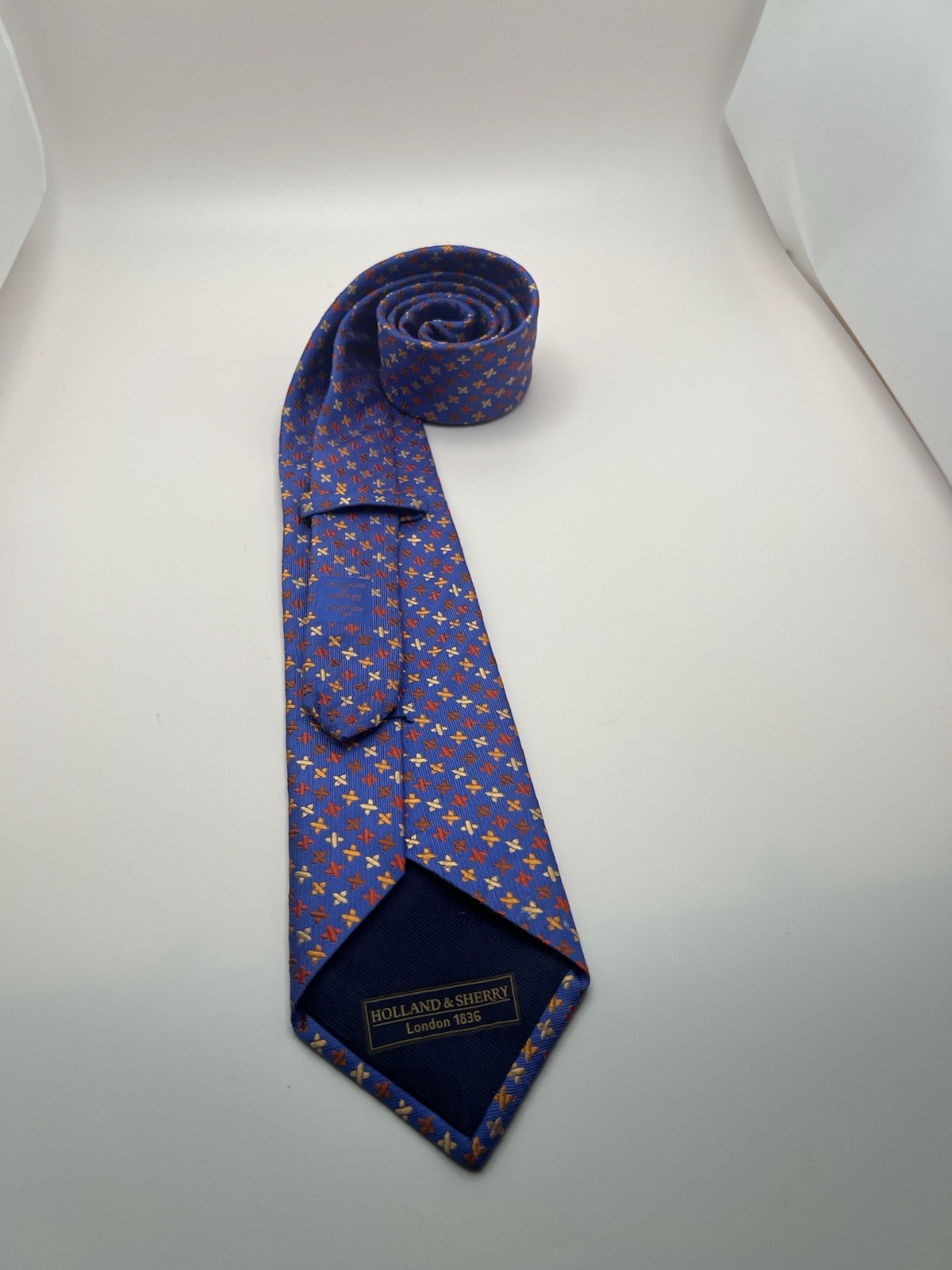 Holland & Sherry London 1836 Mens Blue Silk Geometric Cross Pattern Silk Tie