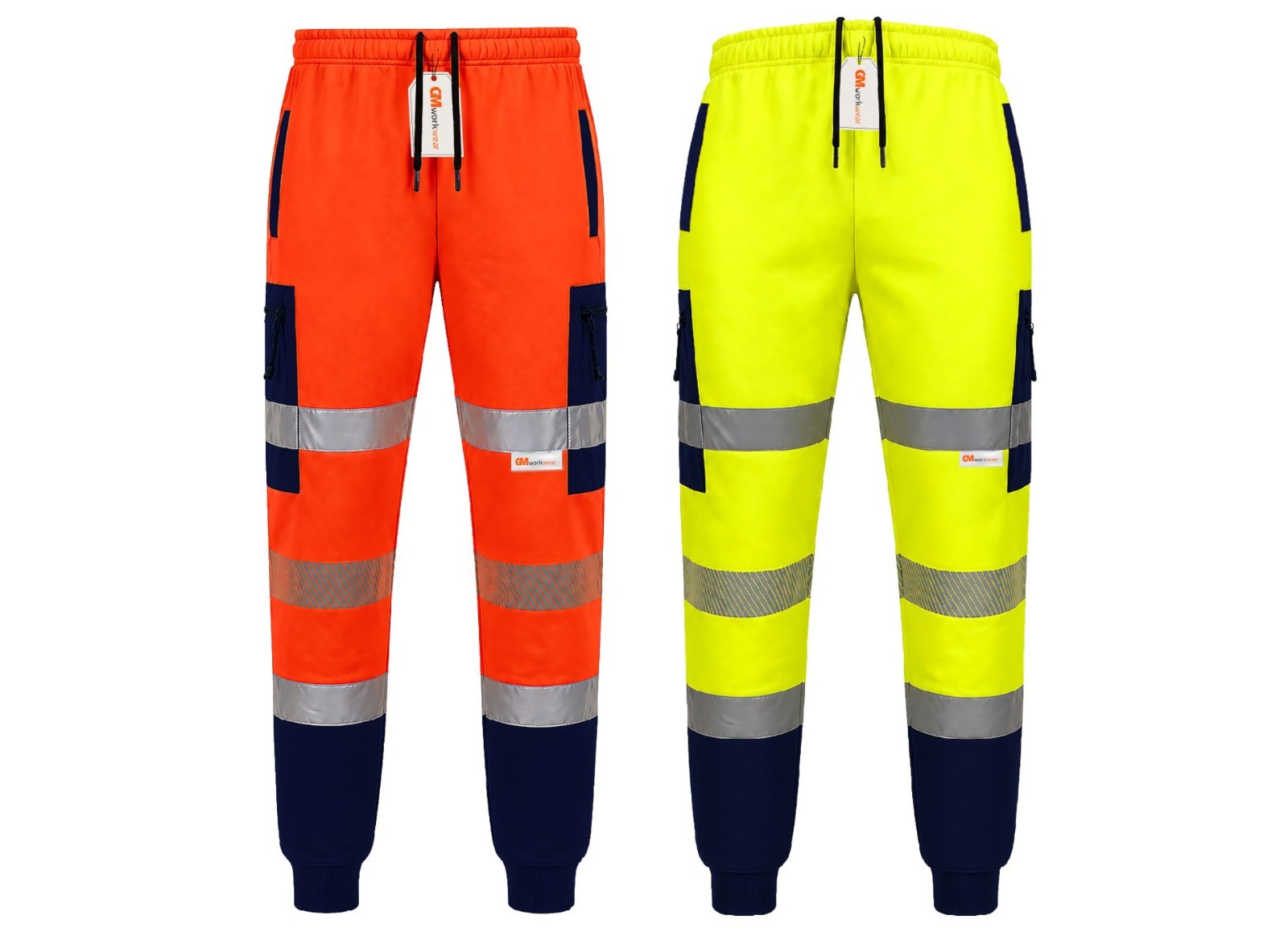 GM Workwear Mens Hi Vis Joggers Safety Reflective Work Trousers Zip Pockets PPE