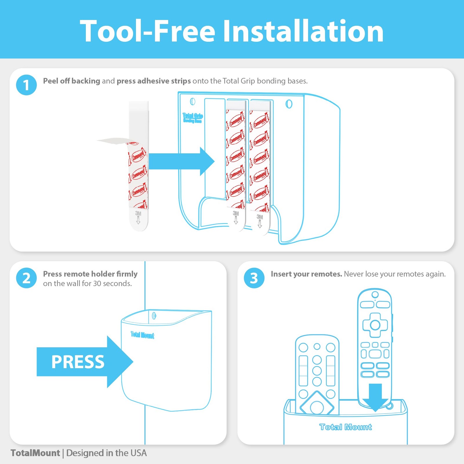TotalMount Drop-Free Remote Holder – Removable Adhesive Strips – White