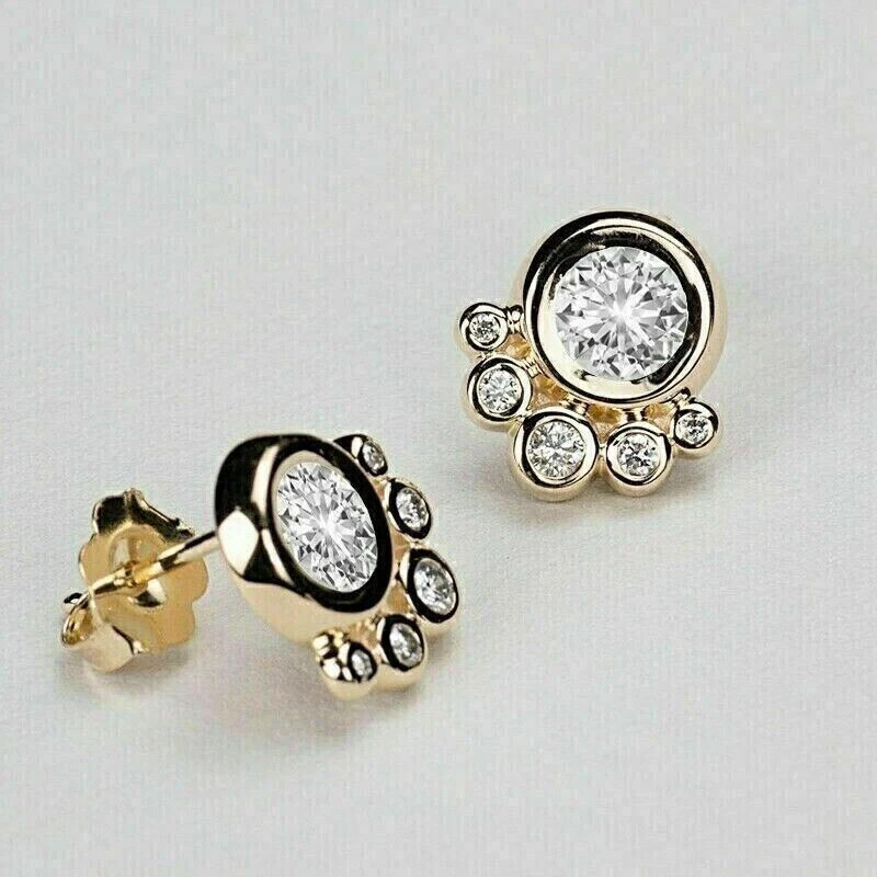 2Ct Round Cut REAL Moissanite Bezel Set Stud Earrings 14K Yellow Gold Plated