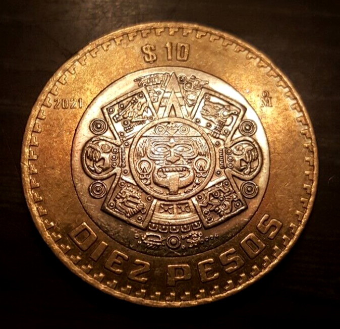 10 Pesos 2021 "Aztec sun stone representing Tonatiuh with the fire Mask" Bi-Met