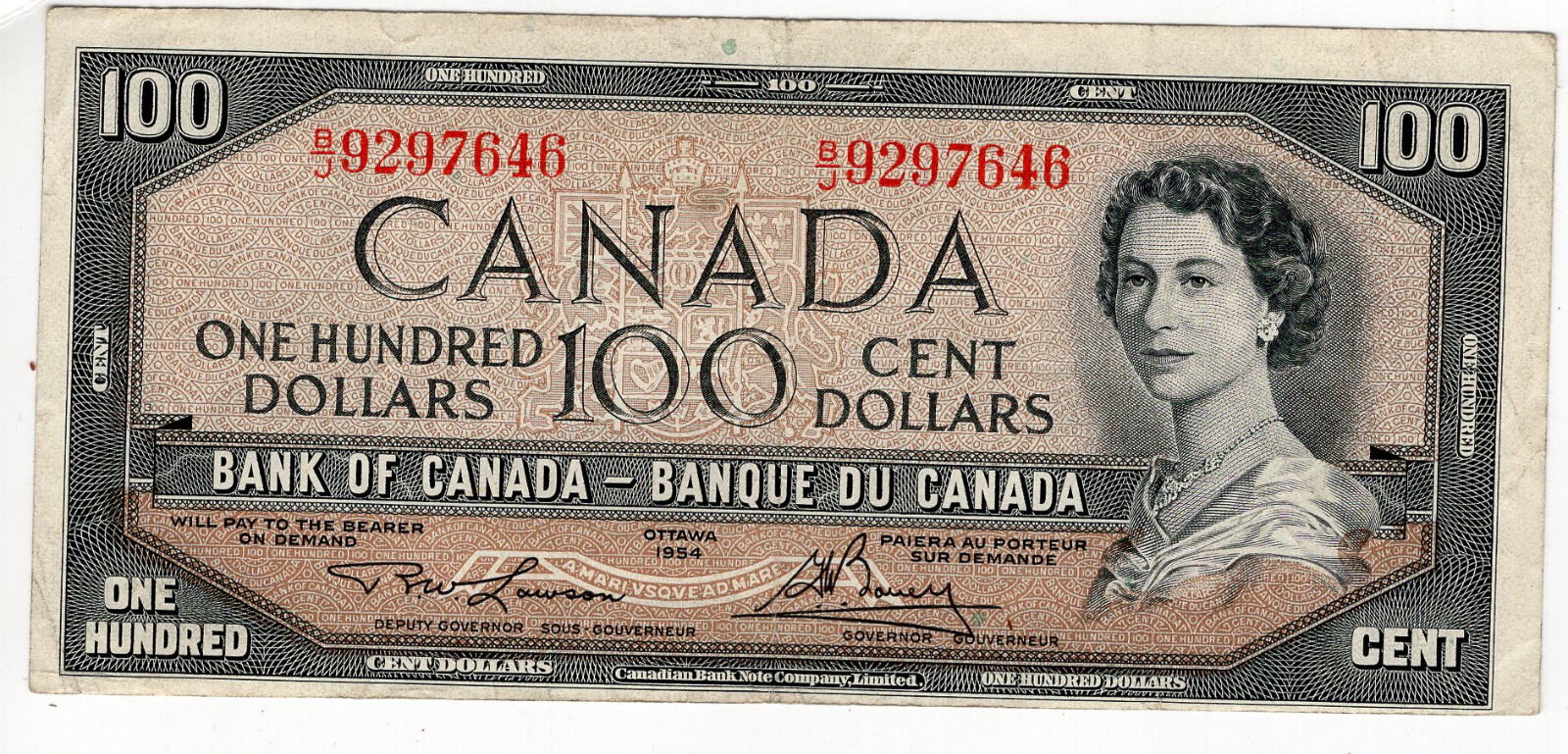 Bank of Canada 1954 $100 Dollars Lawson-Bouey B/J Prefix VF+