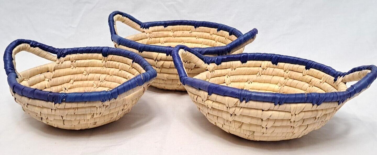 Set Of 3 Natural Sea Grass Nesting Baskets Navy Blue Home Decor Farmhouse Boho