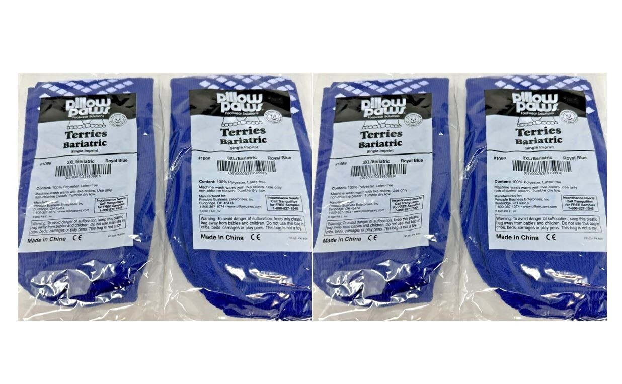 4 PAIR Non Skid Pillow Paws Slipper Socks 3X-L Bariatric Royal Blue Single Side