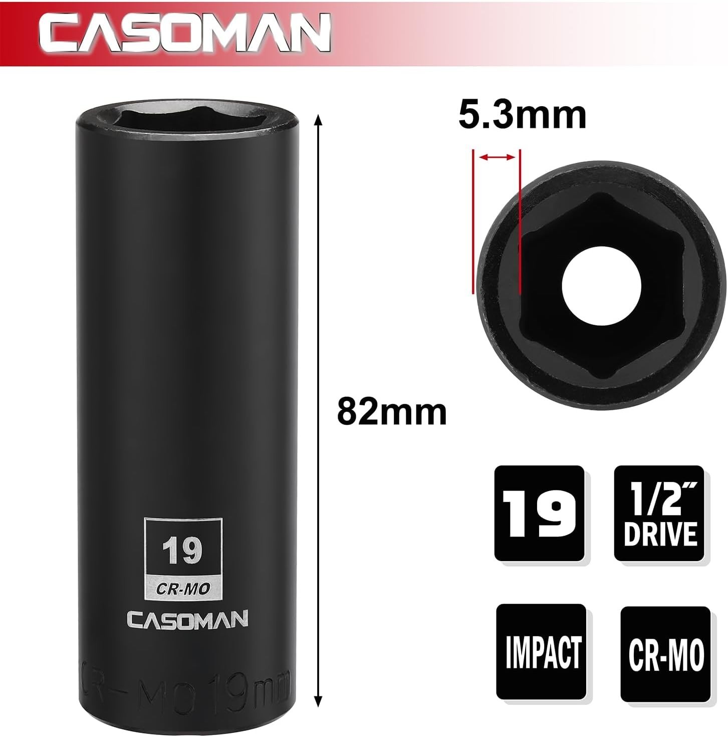 Corrosion-Resistant 19mm Deep Impact Socket, 1/2 Inch Drive - 6-Point Design