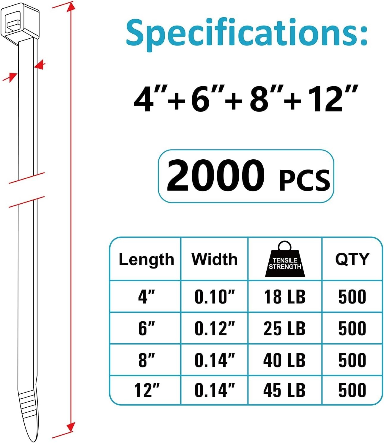 Zip Ties Assorted Sizes4”+6”+8”+12”, 2000 Pack, Black Cable Ties, UV Resistan...